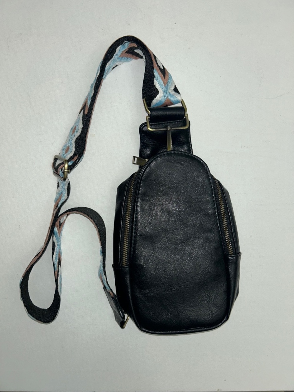 Black Sling Crossbody Bag with Distinct Knit Threaded Adjustable Strap